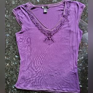 Purple Carole Little size L beaded v neck cap sleeve top 16" from armhole to hem